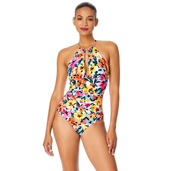 NEW Anne Cole Gradient High Neck One-Piece Swimsuit Gradient Floral Red Blue 10 - Picture 2 of 8